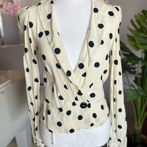 Reformation Cream and Black Polka Dot wrap Blouse